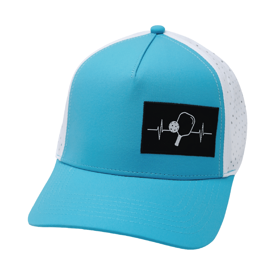 Pickleball Hat, Trucker Hat, Snapback Hat, Neon Blue Green, White, Mens Hat, Womens Hat, Front Picture