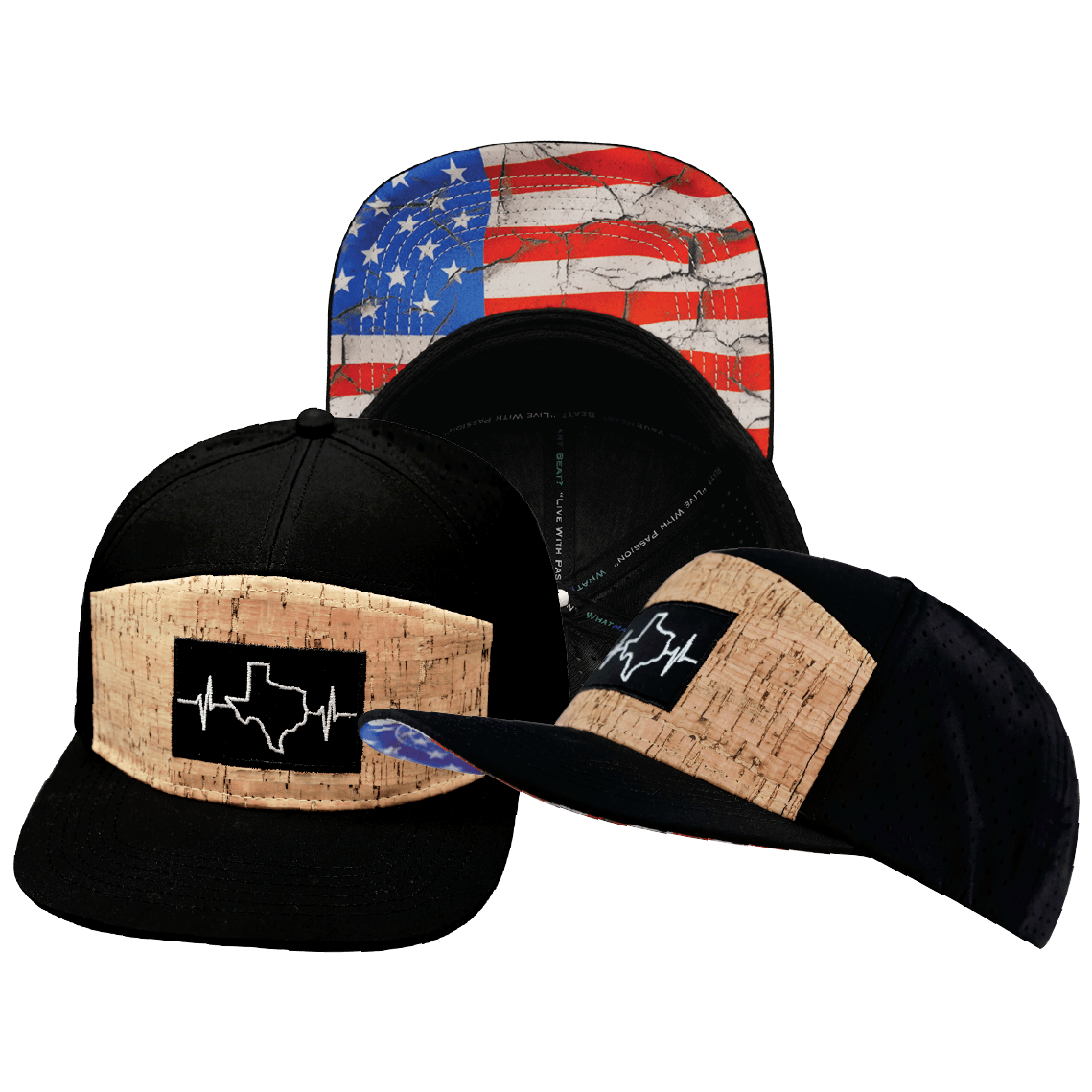 Texas Hat — Flat Bill, Cork, Black, Laser Mesh
