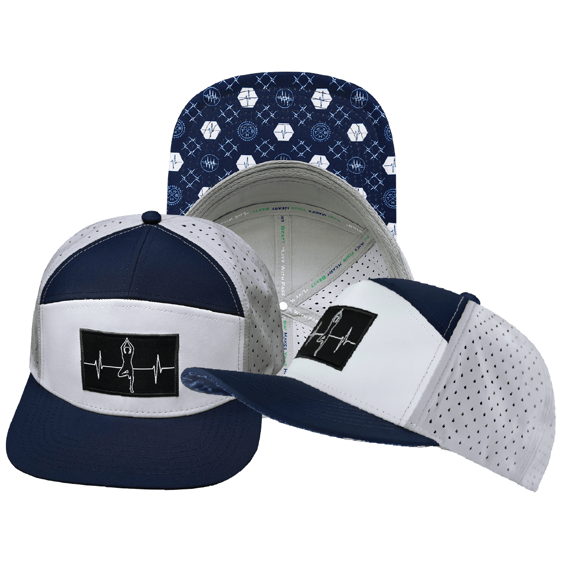 Yoga Hat — Flat Bill, Navy / White / Gray, Laser Mesh