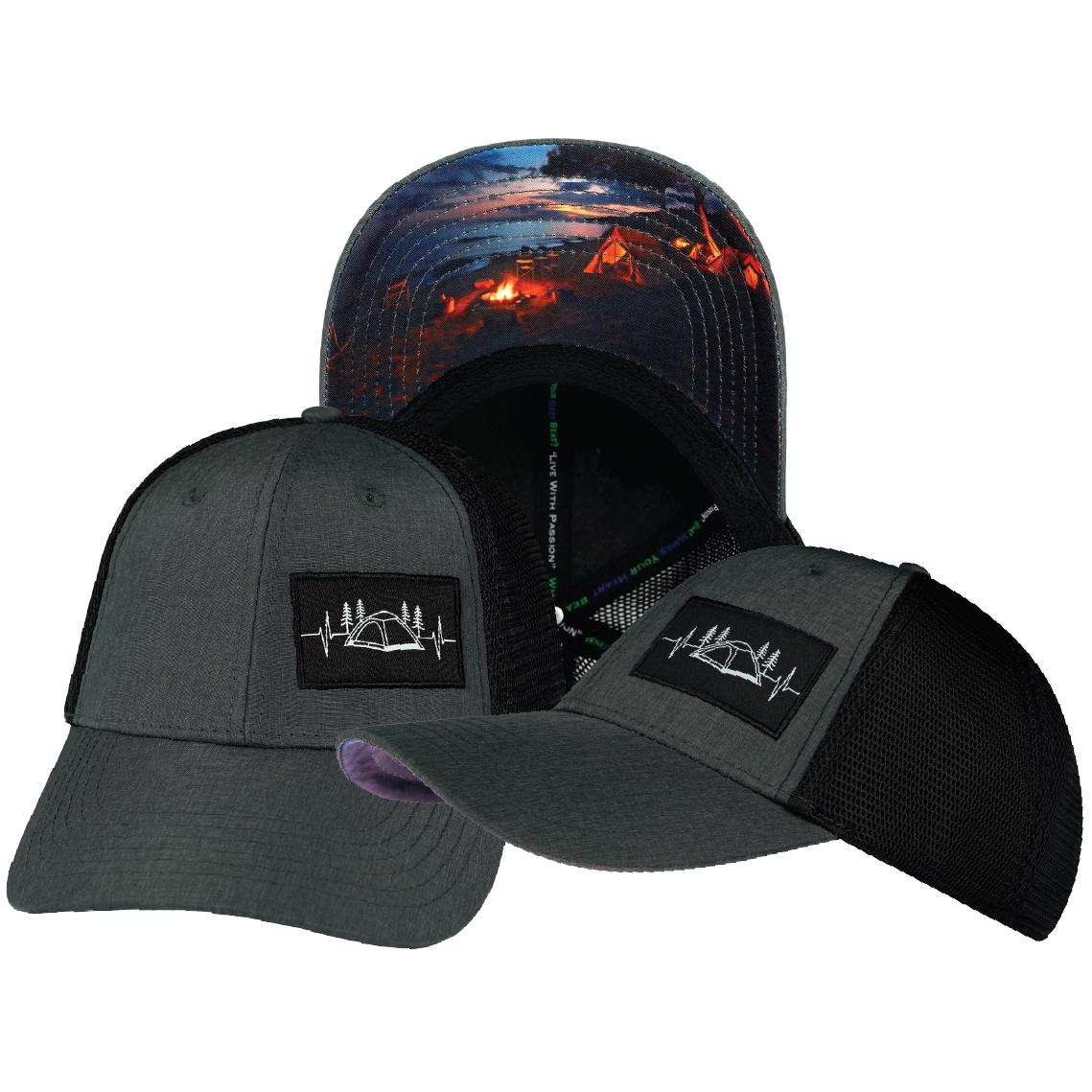 Camping - 6 Panel - Shallow Fit - Slate Gray / Black  - Soft Trucker Mesh (Unisex)