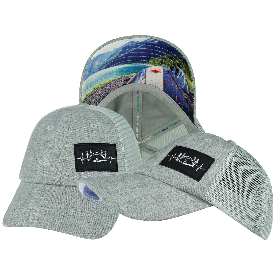 Camping - 6 Panel - Shallow Fit - Unstructured - Heather Gray / Gray  - Soft Trucker Mesh (Unisex)
