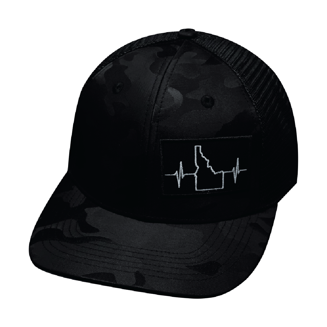 Idaho - 6 Panel - Black Camo / Black  - Trucker Mesh (Unisex)
