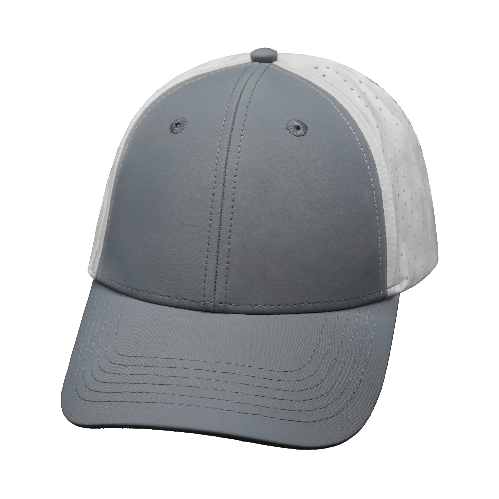 Blank 6 Panel hat — Shallow Fit, Pony Tail, Gray / White, Laser Mesh
