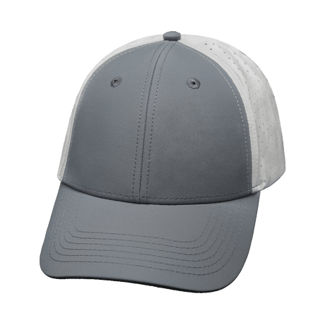 Blank 6 Panel hat — Shallow Fit, Pony Tail, Gray / White, Laser Mesh