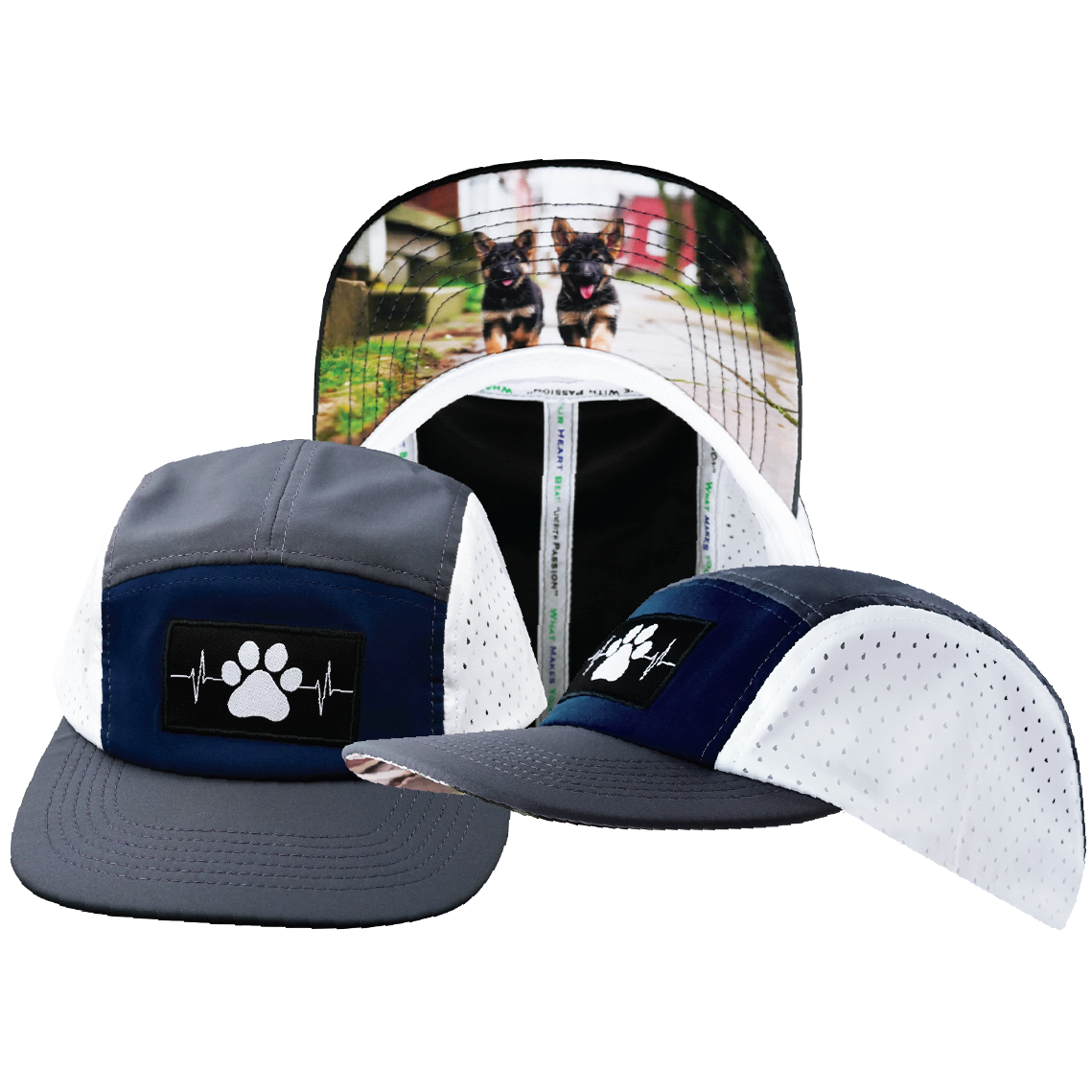 Dog - 5 Panel - Sporty - Unstructured - Charcoal / Navy / White - Laser Mesh (Unisex)