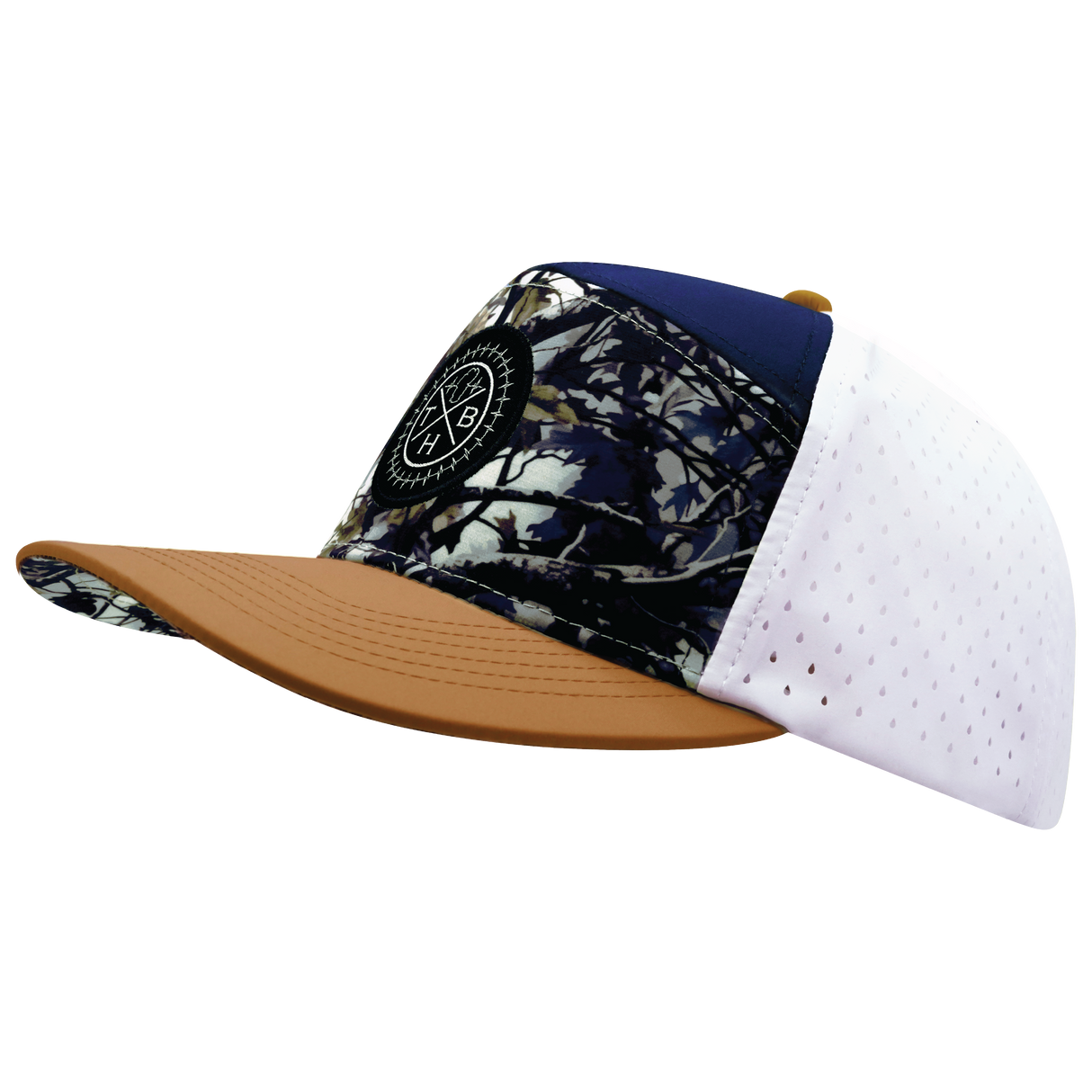 **YOUTH** THB  - 7 Panel - Evening Leaves - Light Tan / Navy / White - Laser Mesh (Unisex)
