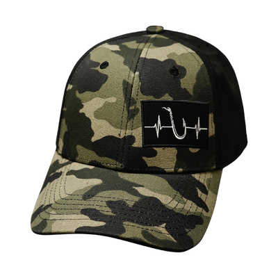 Fishing - 6 Panel - Shallow Fit - Pony Tail - Light Camo / Black - Laser Mesh (Unisex)