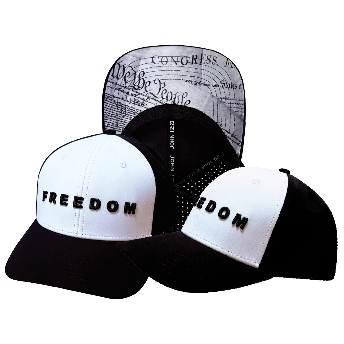 FREEDOM Hat - 6 Panel - Black / White - Laser Mesh - Proceeds go to TPUSA