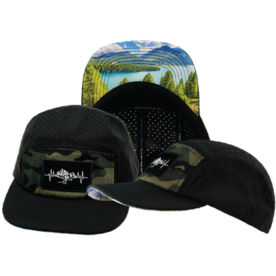 Mountains - 5 Panel - Sporty - Unstructured - Black / Green Camo - Laser Mesh (Unisex)