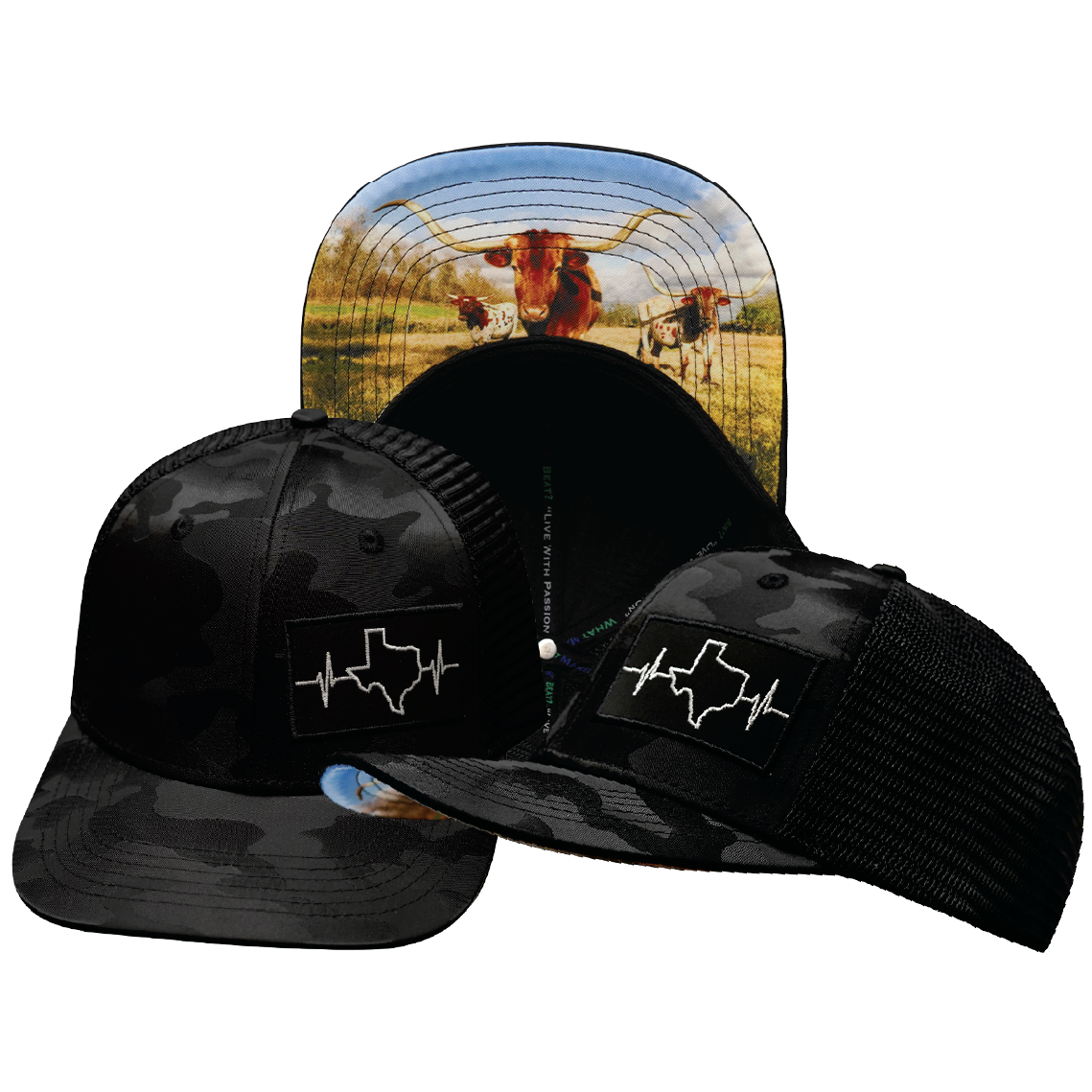 Texas - 6 Panel  - Black Camo / Black - Trucker Mesh (Unisex)