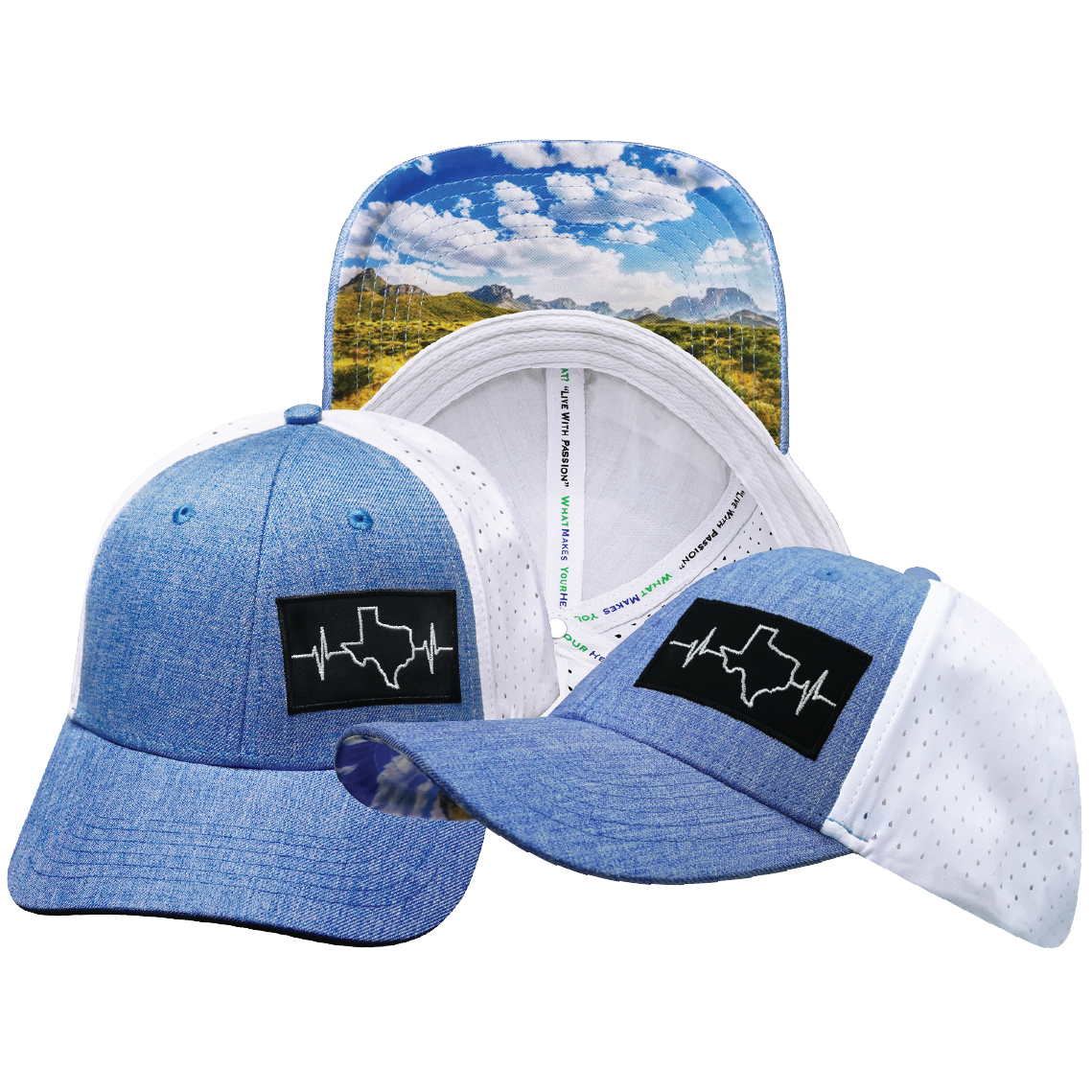 Texas - 6 Panel  - Shallow Fit - Pony Tail - Light Blue / White - Laser Mesh (Unisex)