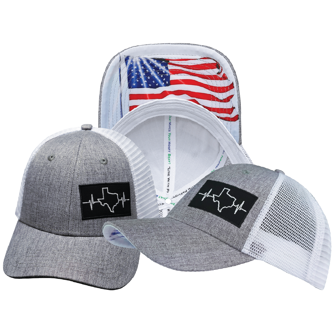 Texas - 6 Panel  - Shallow Fit - Heather Gray / White - Trucker Mesh (Unisex)