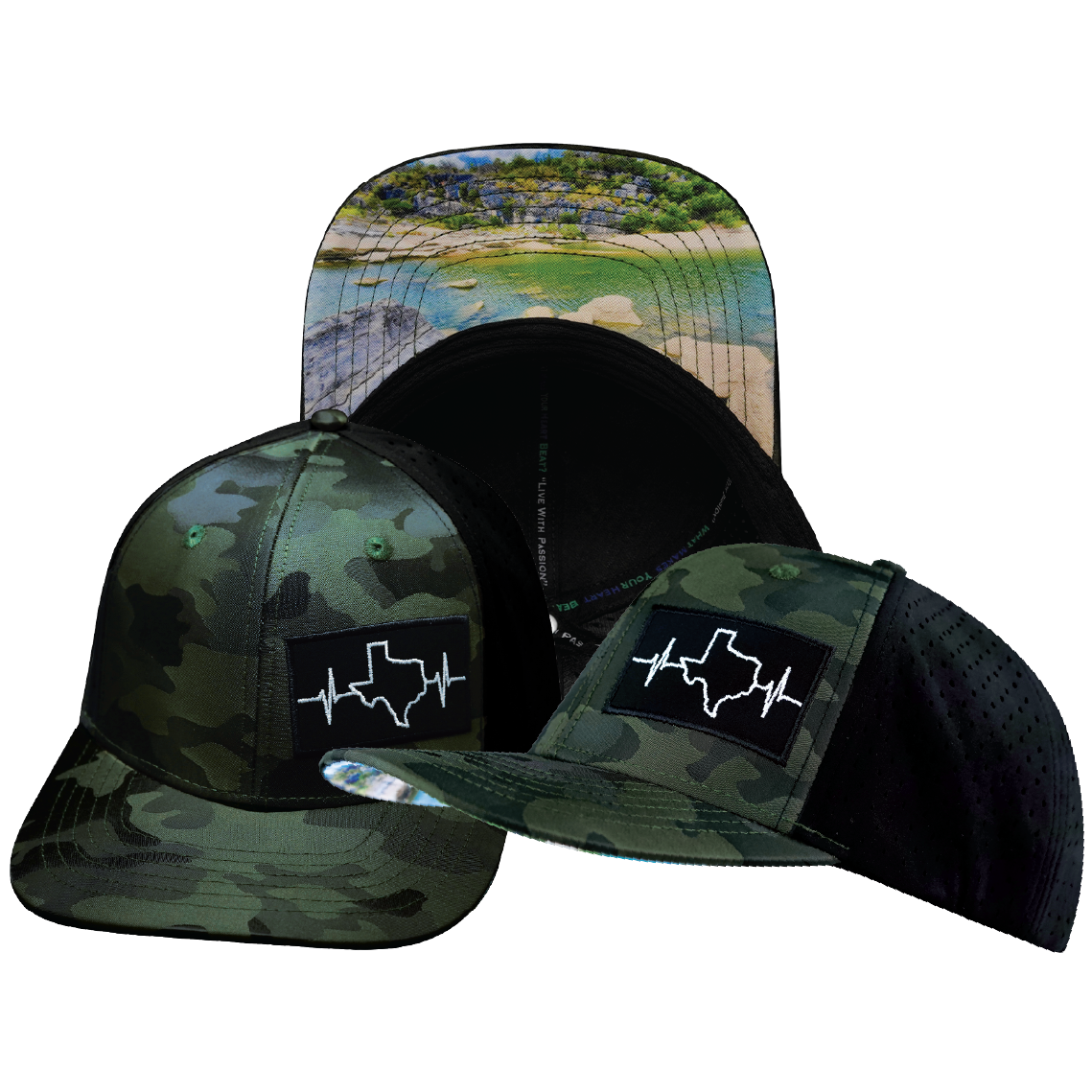 Texas - 6 Panel  - Green Camo / Black - Laser Mesh (Unisex)