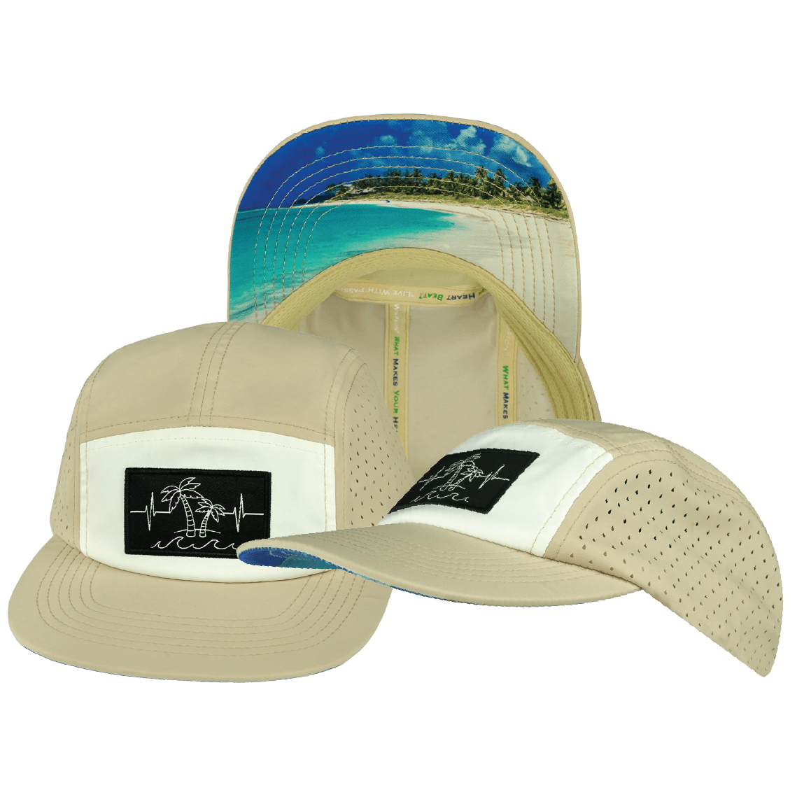 Beach Hat — 5 Panel, Sand / White, Laser Mesh