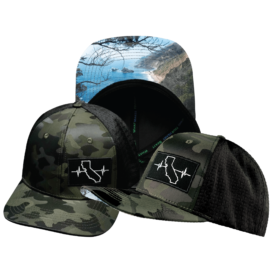 California Hat — Baseball Hat Fit, Green Camo / Black, Jersey Mesh