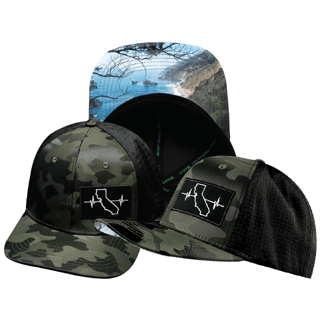 California Hat — Baseball Hat Fit, Green Camo / Black, Jersey Mesh