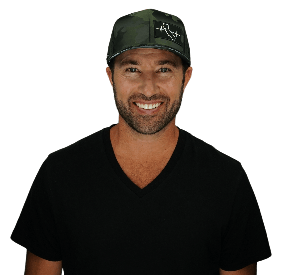 California Hat, Baseball Hat, Snapback Hat, Green Camo, Black, Mens Hat, Womens Hat, Man in Hat Picture