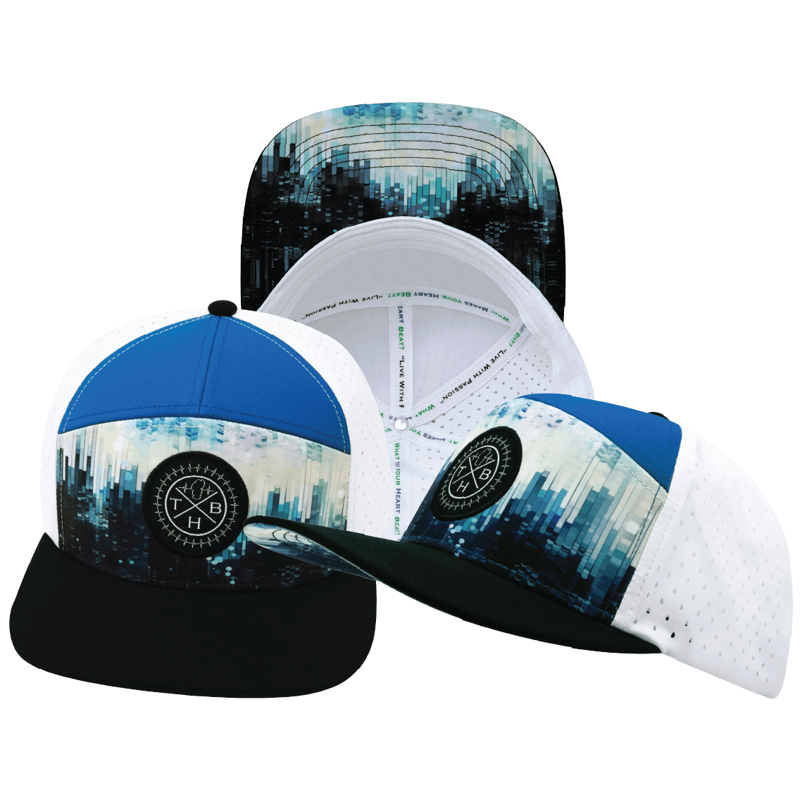 **ADULT** Color Vibes Hat — Flat Bill, City Drip, Black / Blue / White, Laser Mesh