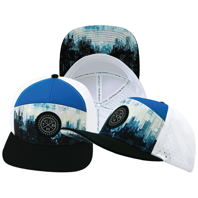 **ADULT** Color Vibes Hat — Flat Bill, City Drip, Black / Blue / White, Laser Mesh
