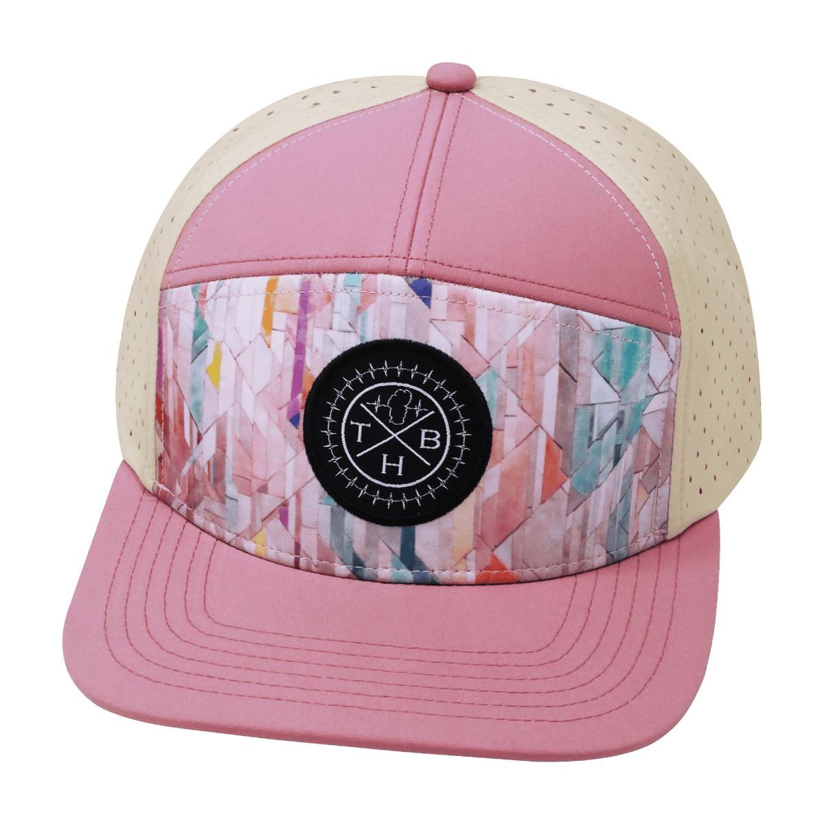 Color Vibes Hat, Flat Bill, Snapback Hat, Geo Mosaic, Pink Peach, Cream, Mens Hat, Womens Hat, Front Picture