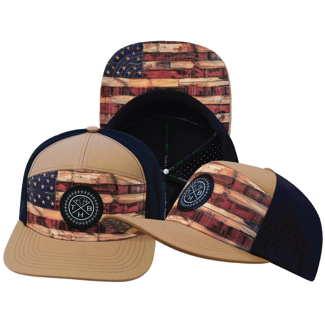 **ADULT** Color Vibes Hat — Flat Bill, Stained Flag, Light Tan / Navy, Laser Mesh