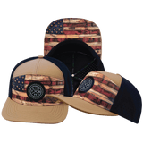 **ADULT** Color Vibes Hat — Flat Bill, Stained Flag, Light Tan / Navy, Laser Mesh