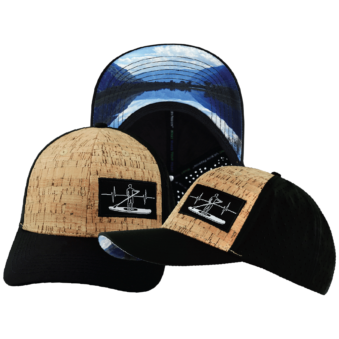 Paddle Board Hat — Baseball Hat Fit, Cork, Black, Laser Mesh