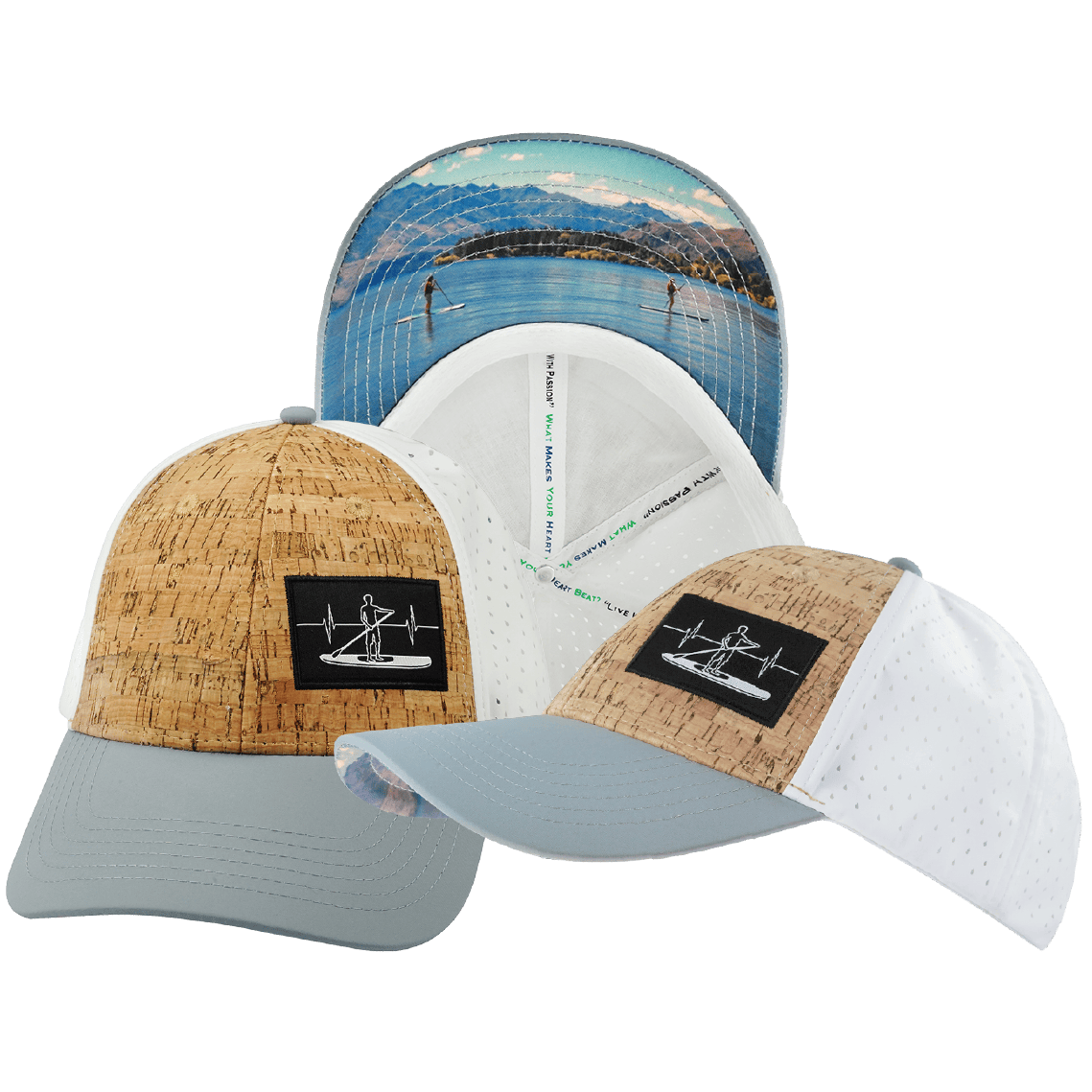 Paddle Board Hat — Low Profile, Ponytail, Cork, Gray / White, Laser Mesh
