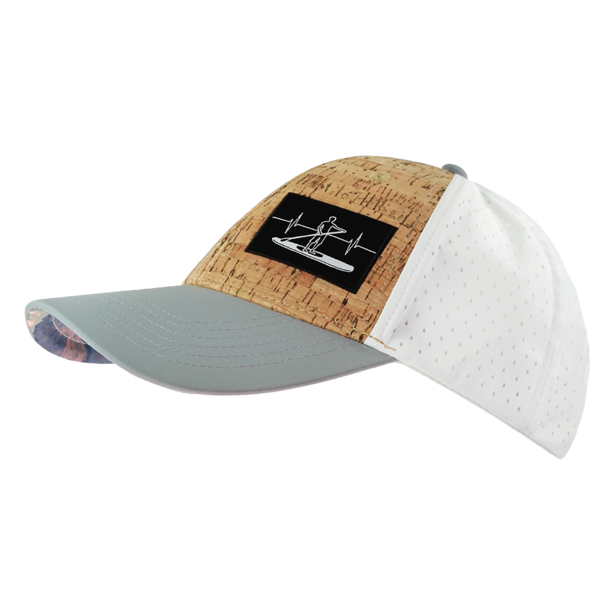 Paddle Board Hat, Low Profile, Ponytail, Snapback Hat, Cork, Gray, White, Mens Hat, Womens Hat, Side Picture 