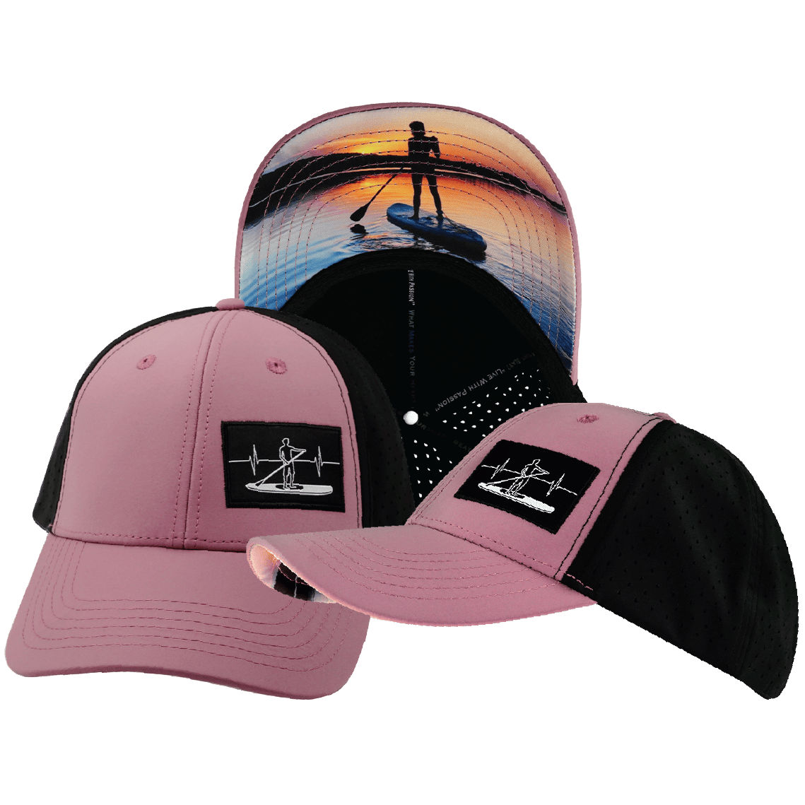 Paddle Board Hat — Low Profile, Ponytail, Dusty Pink / Black, Laser Mesh
