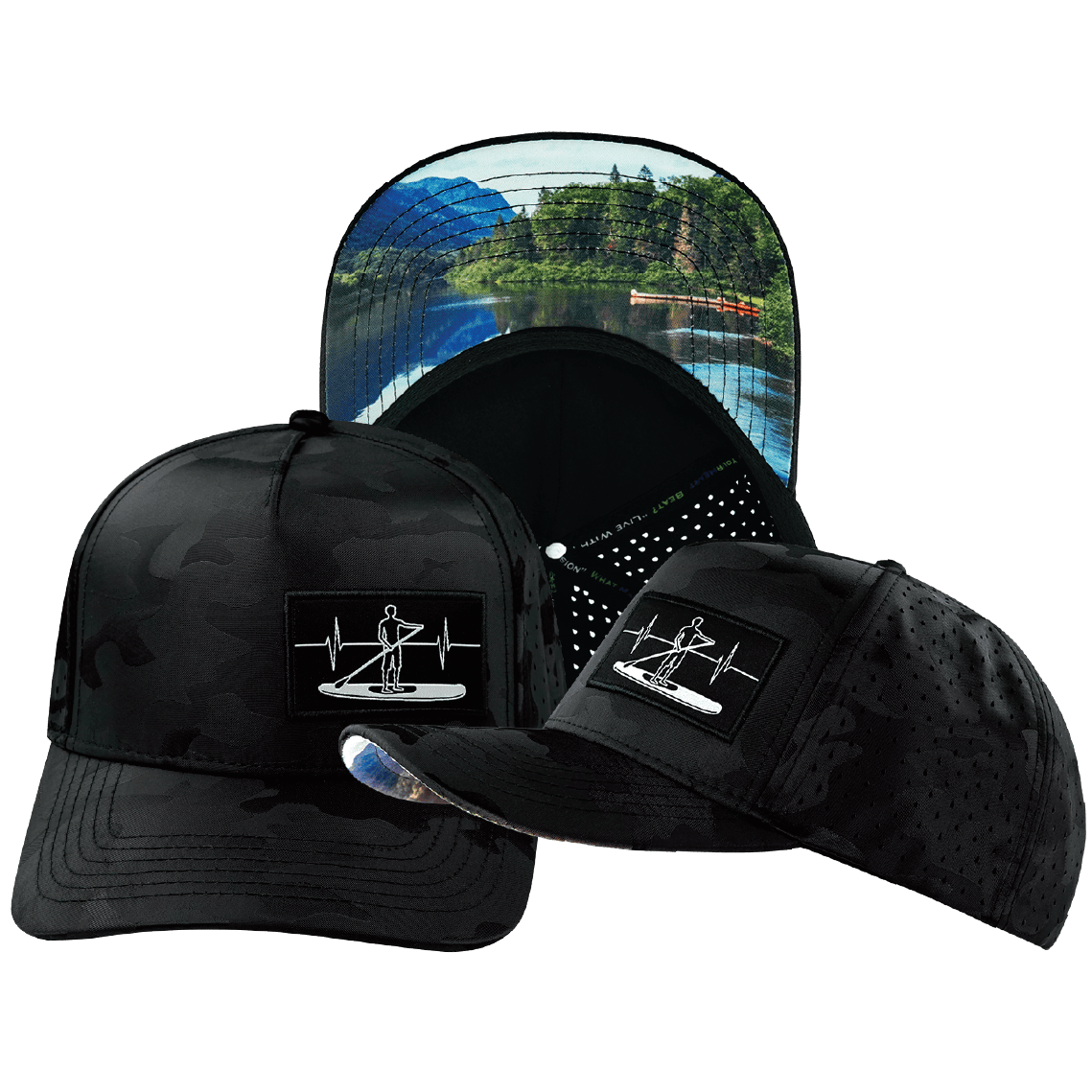 Paddle Board Hat Trucker Hat — Black Camo, Laser Mesh
