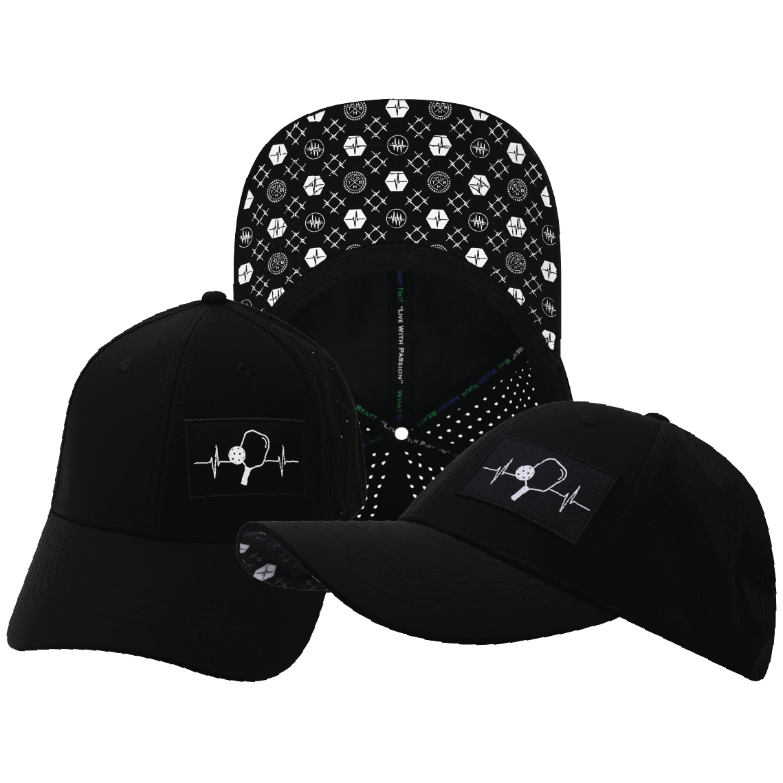 Pickleball Hat — Low Profile, Ponytail, Black, Laser Mesh