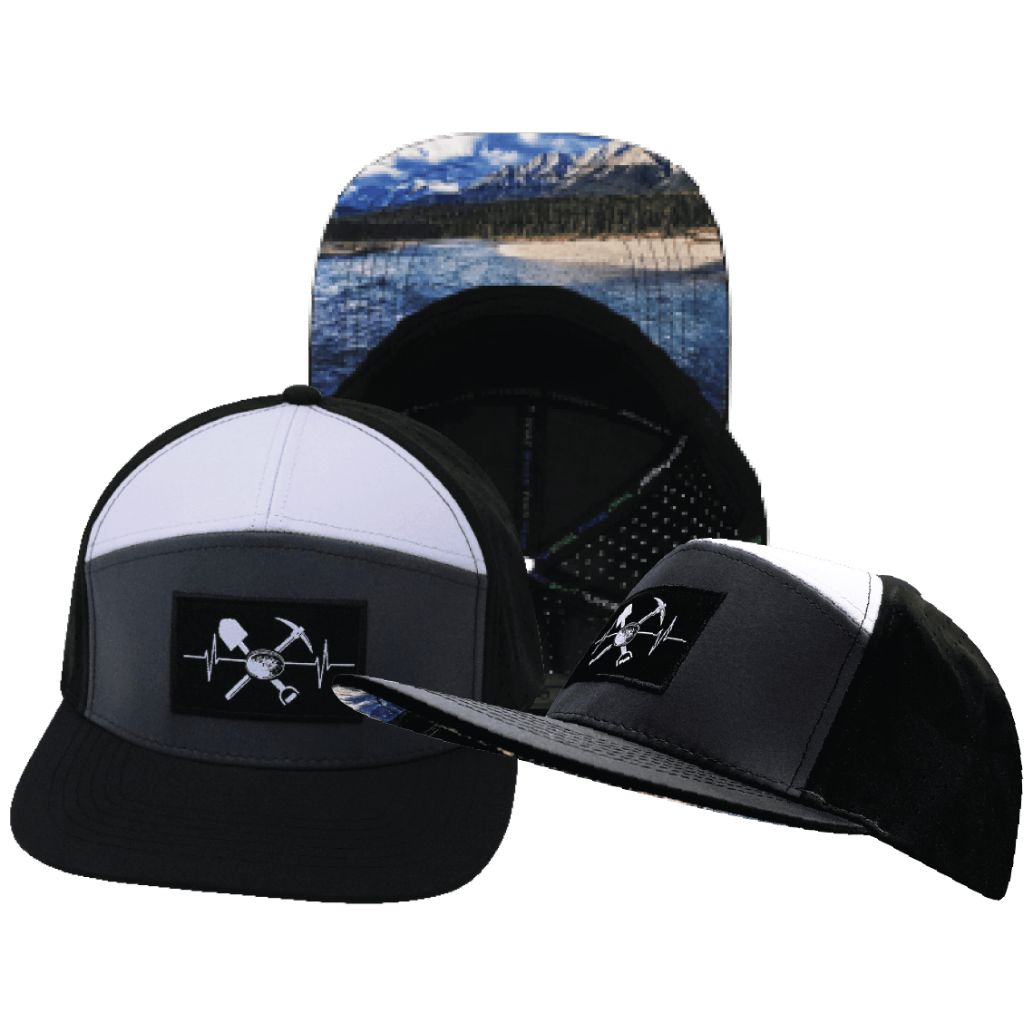 Prospecting Hat — Flat Bill, Black / Charcoal / White, Laser Mesh