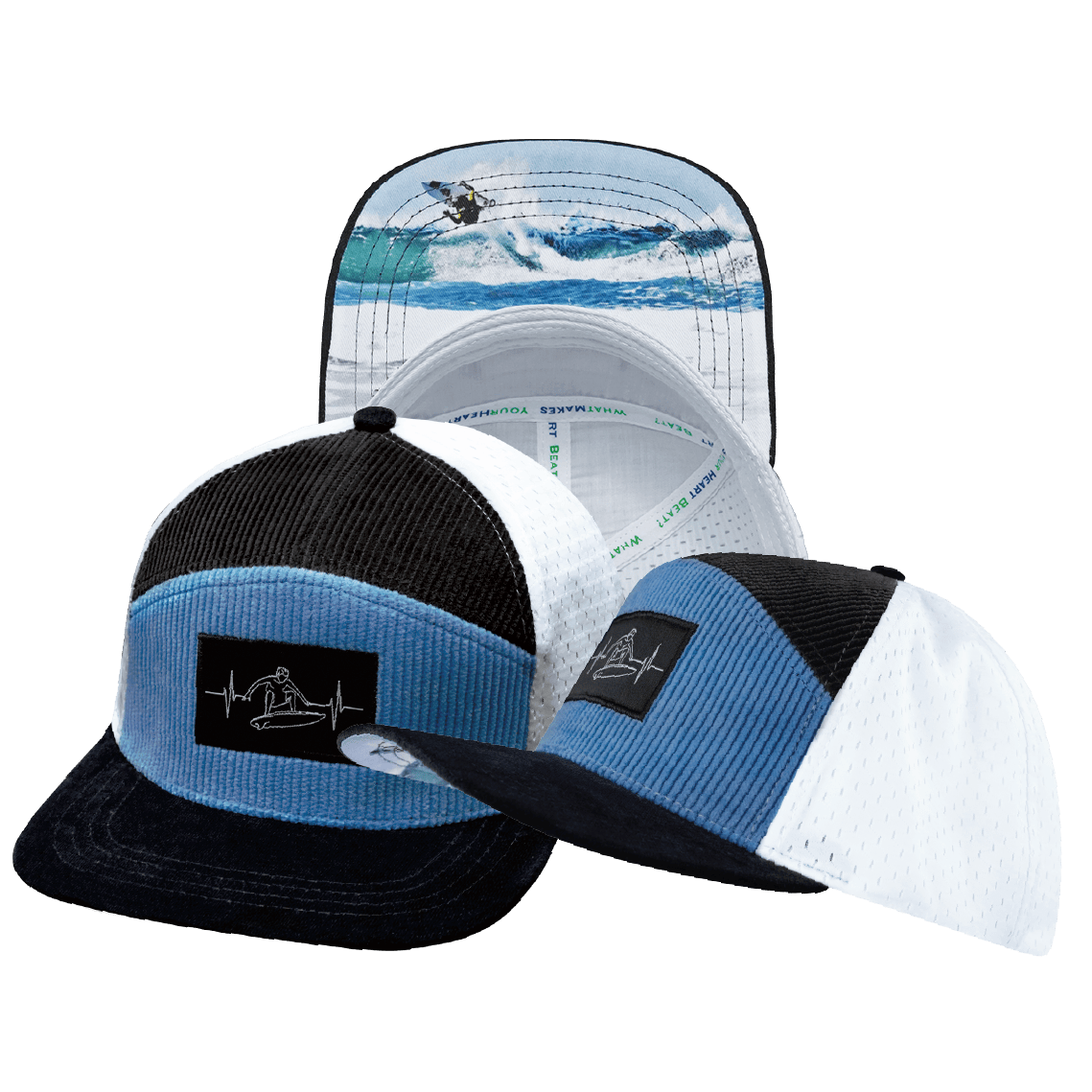 Surf Hat — Flat Bill, Corduroy, Charcoal Gray / Light Blue / White, Jersey Mesh